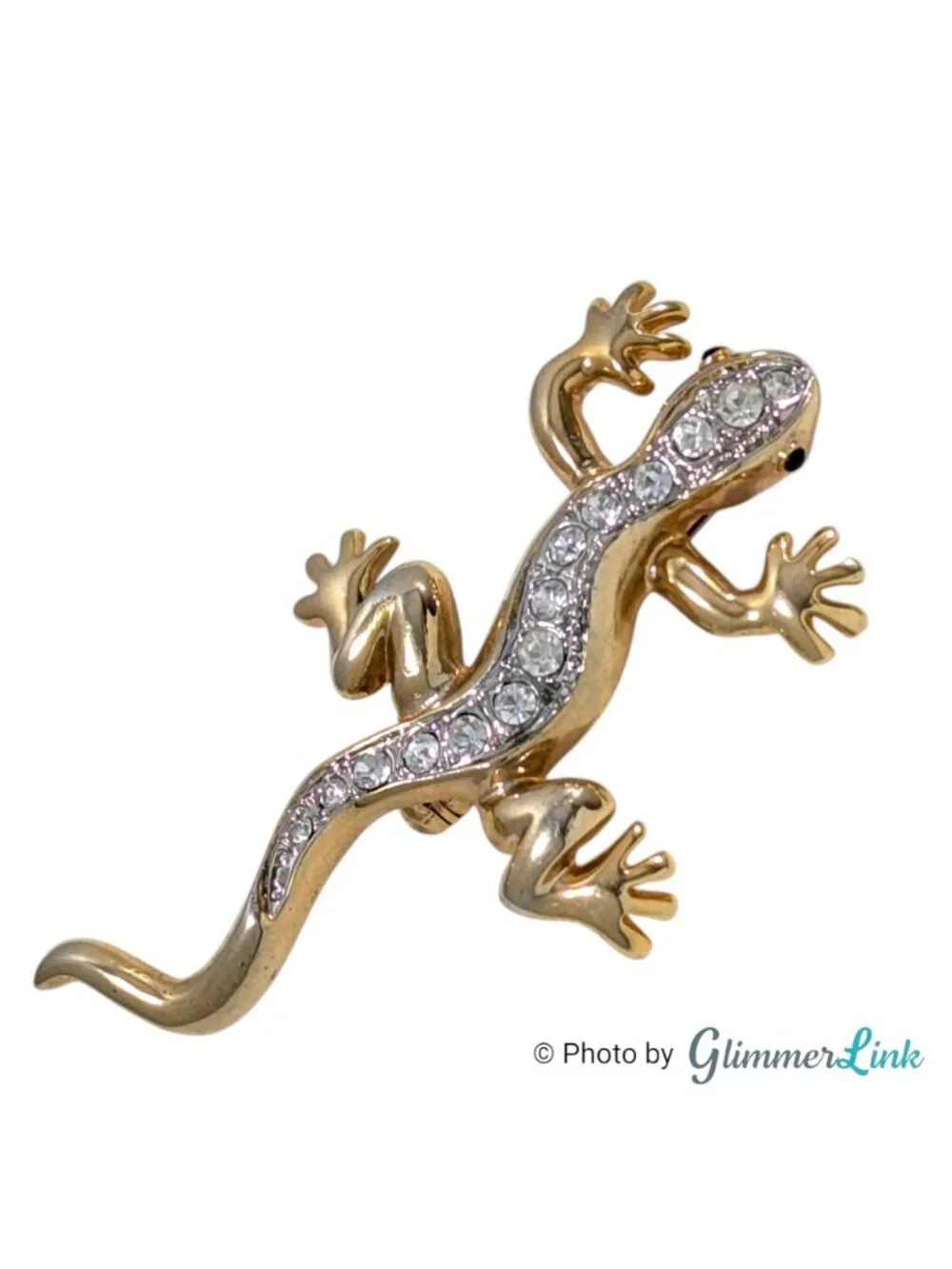 Vintage Gold Tone Gecko Lizard Brooch Clear Rhinestones Black Eyes